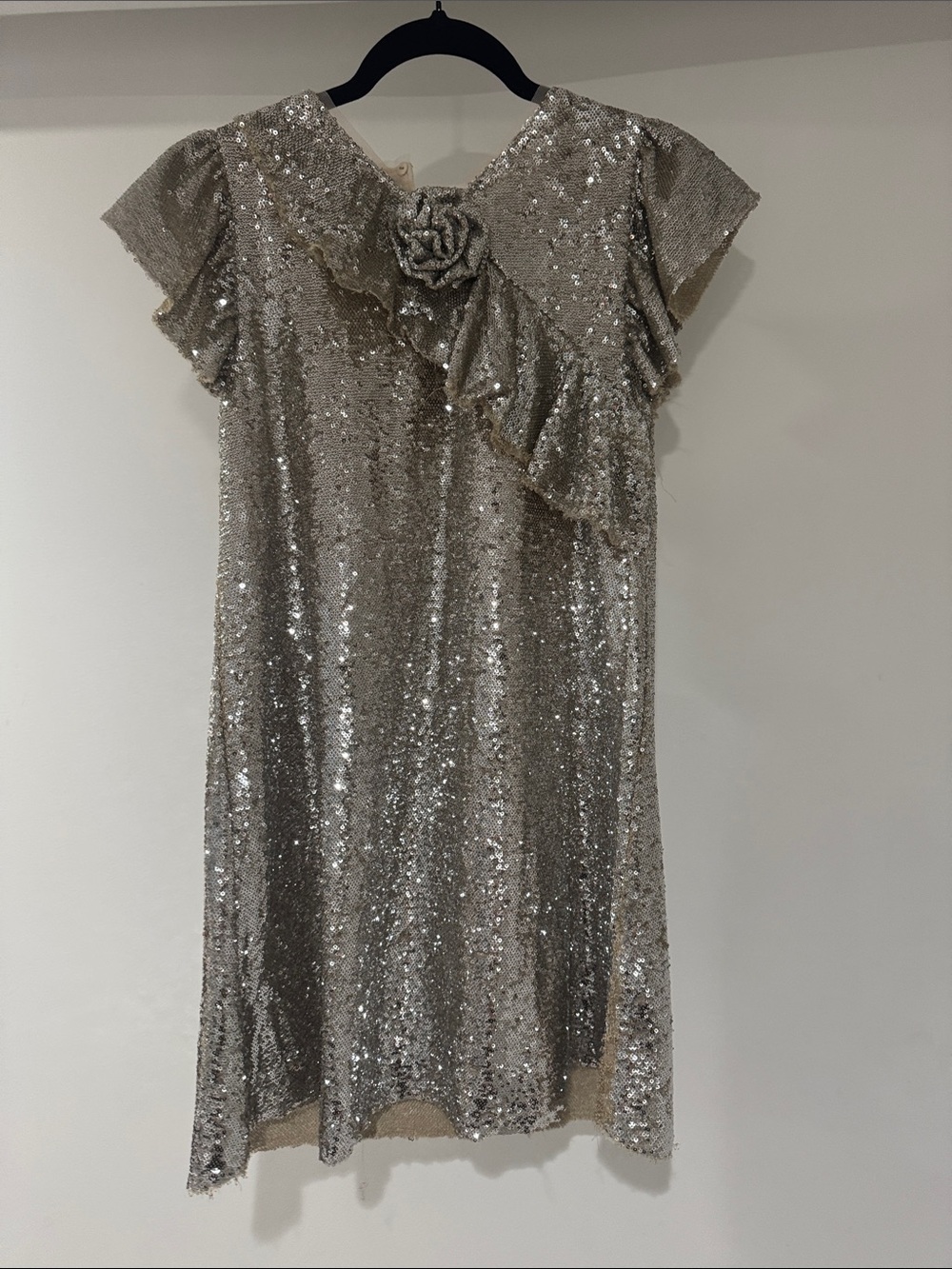 Zara Silver Sequin Girls' Party Dress with Floral Ruffle